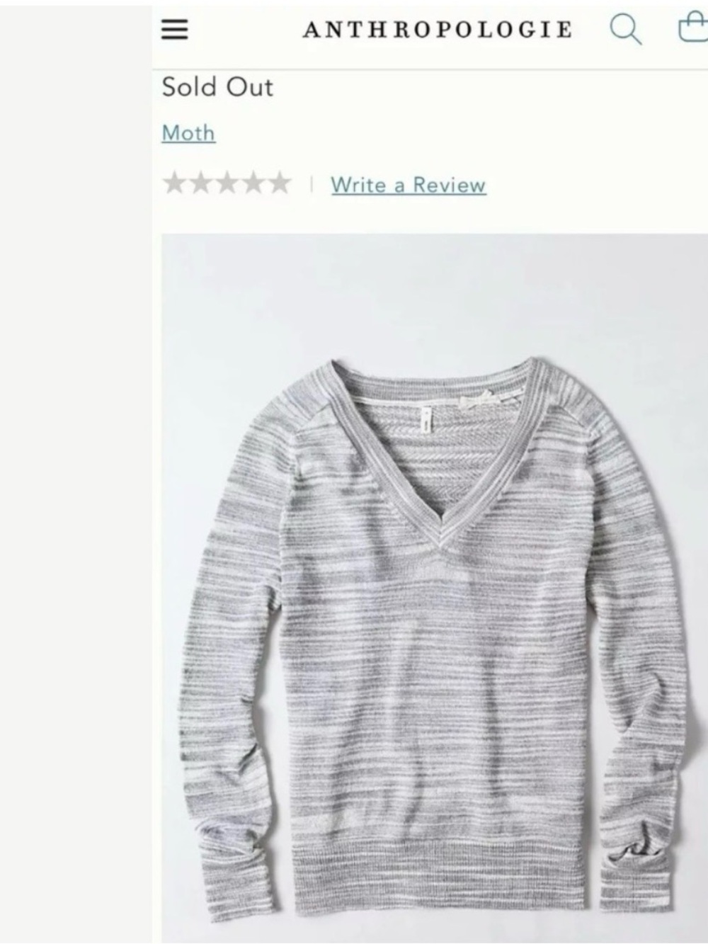 Anthropologie Moth Light Gray Striped V-Neck Sweater sz Small